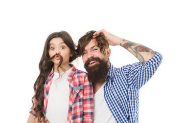 Going crazy. Happy family. Bearded man father with happy daughter. Little girl love her father. Happy moments. Family day. Happy little girl with long hair. Father and daughter. Family bonds clipart