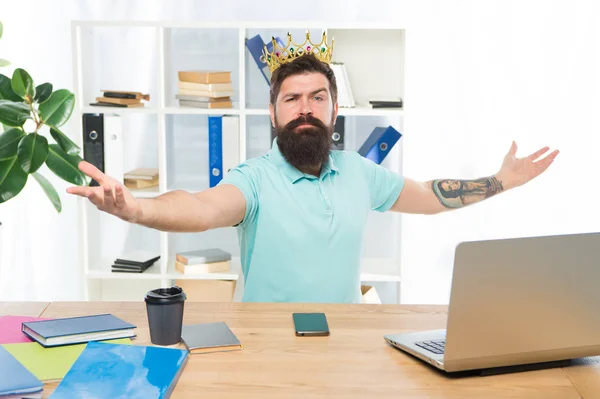 Welcome to my kingdom. King of office. Head of department. Man bearded manager businessman entrepreneur wear crown. Top manager head office. Confident boss enjoying glory. Head and boss concept