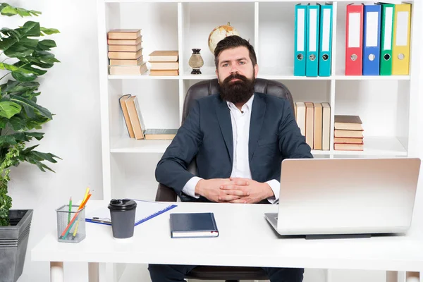 How can i help you. Man bearded hipster boss sit in leather armchair office interior. Boss at workplace. Manager formal clothing corporate style working. Business people concept. Busy boss in office — Stock Photo, Image