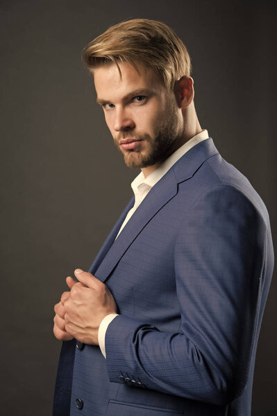 Most businesses explicit saying dress code professional attire no second guessing. Man well groomed attractive formal suit dark background. Check out my outfit. Business dress code. Guy formal outfit