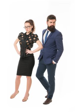 İş adamları. Patron ve çekici bayan asistan beyaz arka plan. İş ilişkileri. Resmi moda kıyafetleri. İş ortakları sakallı erkek ve kadın iş konferansına ya da toplantıya giderler
