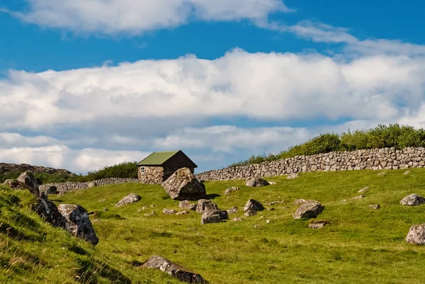 Boerderij in Torshavn, Denemarken. Oude stenen huis in boerderij tuin op bewolkte blauwe hemel. Typische landelijke architectuur. Natuur en milieu. Mooie landschapsmening. Zomervakantie in land — Stockfoto