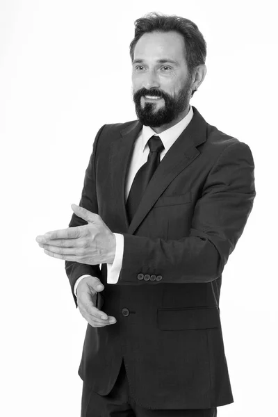 Бизнесмен рад с вами познакомиться. Бизнесмен формальный костюм зрелый мужчина изолирован белый. Бизнесмен бородатый красивый предприниматель. Успешная концепция бизнесмена. Советы по обслуживанию клиентов — стоковое фото