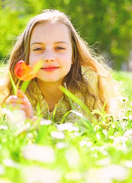 Rapariga deitada na relva, natureza no fundo, desfocada. Criança desfrutar de primavera dia ensolarado enquanto deitado no prado. Menina no rosto sorridente detém flor de tulipa vermelha, desfrutar de aroma. Conceito de alergia sazonal — Fotografia de Stock