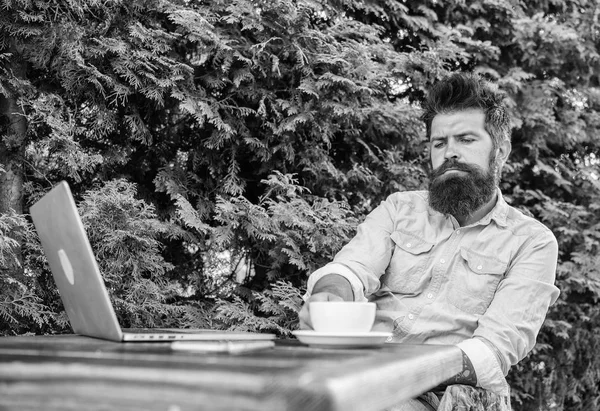 Szakállas embert csípő, hogy szünet kávét iszik, és hiszem, miközben ül a laptop. A fickó italok kávé pihentető terasz zöld ágak háttere. Kellemes pillanatot. Pillanatra gondolkodni. Pihenni szünet — Stock Fotó
