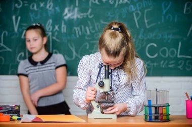 Okul sınıfları. Kızlar okulda kimya okumak. Biyoloji ve kimya dersleri. Teori ve pratik. Kimyasal reaksiyonlar gözlemlemek. Örgün eğitim okulu. Eğitim deneme. Okula dönüş