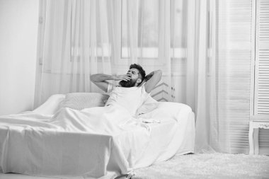 Maço sakal ile el ele tutuşsun başının, rahatlatıcı arkasında. Yatak, arka plan üzerinde beyaz perde döşeme tişörtlü adam. Güç ve enerji kavramı dolu. Esneme üzerinde adam sabah enerji dolu yüz