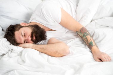Tembel sabah. Adam sakallı hippi yatakta uykulu. Sabah erken saatlerde. Uykusuzluk ve uyku problemleri. Sakin ol ve kavram uyku. Adam adam uyku beyaz çarşaf üzerinde sakallı. Sağlıklı uyku ve refah