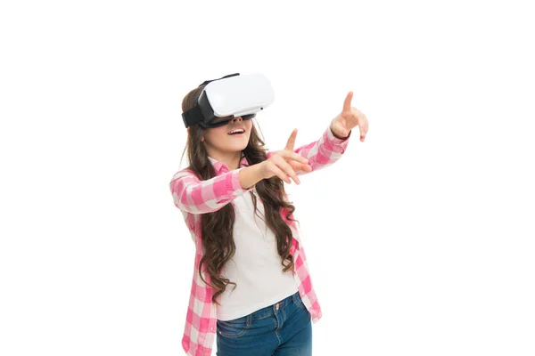 Desgaste da criança hmd explorar realidade virtual ou aumentada. Tecnologia futura. A rapariga interage com a realidade cibernética. Jogar jogo cibernético e estudo. Educação moderna. Tecnologias de educação alternativas. Educação virtual — Fotografia de Stock