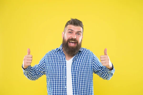 Tof job. Man bebaarde hipster stijlvolle baard gele achtergrond. Kapper tips handhaven baard. Stijlvolle baard en snor zorg. Hipster verschijning. Emotionele expressie. Baard concept op het gebied van mode en Kapper — Stockfoto