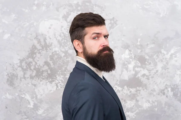 Guy brutal fashion model with long beard and mustache. Business people fashion style. Facial hair and grooming. Man handsome bearded businessman wear formal suit. Menswear and fashion concept — Stock Photo, Image