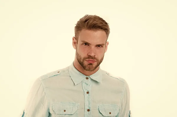 Handsome man in blue shirt, fashion. Man with beard on serious fac isolated on white backgrounde. Bearded and stylish. Hair and barber salon. Skin care and grooming. Casual in style — Stock Photo, Image