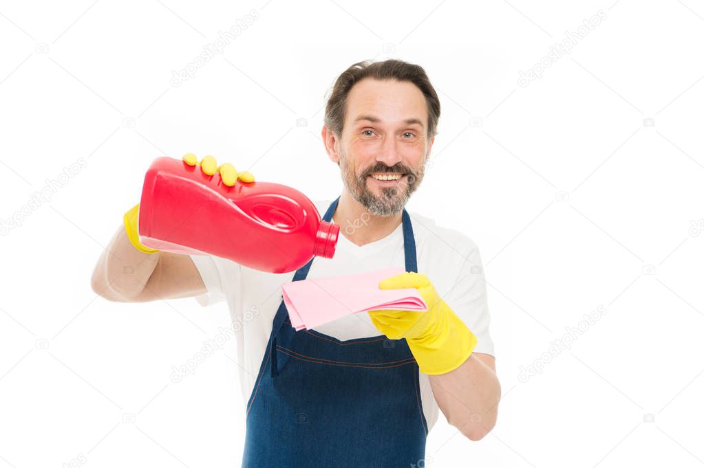 Cleanup concept. Get rid of stains. Smart cleaning solution. Cleaning service and household duty. Man in rubber gloves hold bottle liquid soap chemical cleaning agent. Bearded guy cleaning home