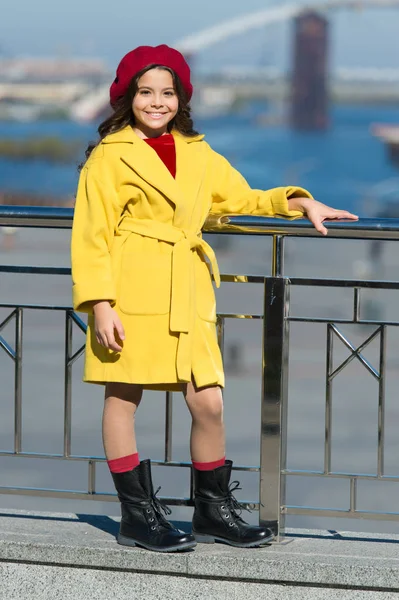 Autumn trend. little girl outdoor. Fashion beauty. Spring weather. happy little girl. Kid spring fashion . Stylish child in parisian beret and autumn coat. Autumn vibes. Hello spring. Best day ever