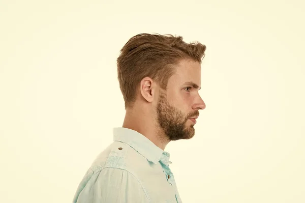 Profil de l'homme avec barbe sur le visage non rasé isolé sur fond blanc. Un bel homme en chemise bleue, mode. Barbu et élégant. Salon de coiffure et de coiffure. Soins et toilettage de la peau. Décontracté dans le style — Photo