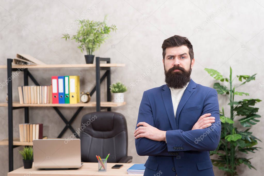Every boss started as worker. Man bearded hipster boss looking at you with attention. Boss standing in office. Boss receive complaints. Executive director and ceo leadership titles in organizations