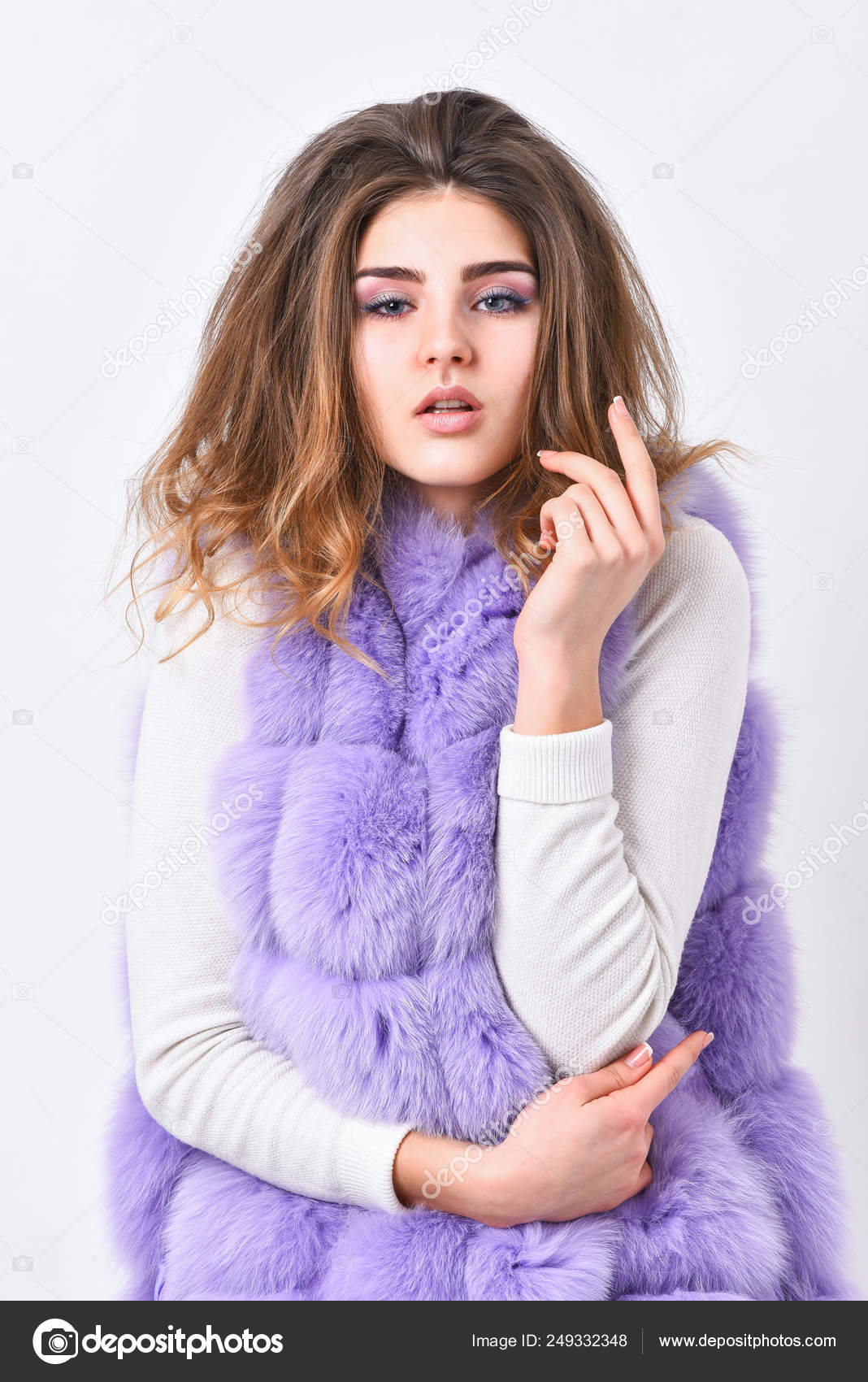Girl Fur Coat Posing With Hairstyle On White Background Prevent