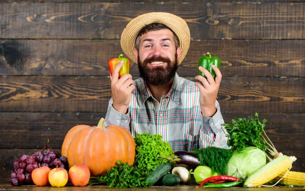 Αγοράστε φρέσκα ντόπια λαχανικά. Άνδρας με γενειάδα περήφανος του συγκομιδή λαχανικών ξύλινο υπόβαθρο. Αγρότης με βιολογικά λαχανικά. Εξαιρετικής ποιότητας λαχανικά. Μόλις από τον κήπο. Concept του καταστήματος παντοπωλείων — Φωτογραφία Αρχείου