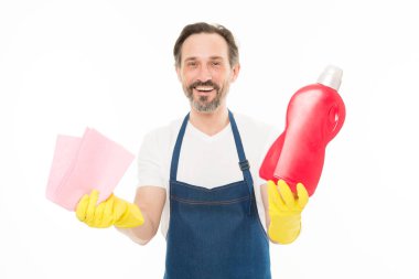Parlamaya RUB'dir. Her şey mükemmel olmalı. Temizlik hizmeti ve ev görev. Oğlan lastik eldiven şişe sıvı sabun kimyasal temizlik maddesi. Sakallı adam temizlik ev. Temizlik ev concept