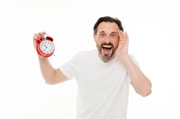 Des moments stressants. Homme barbu homme mûr tenir horloge isolé sur blanc. L'homme à barbe vérifie l'heure qu'il est. Compétences en gestion du temps. Horaire personnel et régime quotidien. Réveil matin heure — Photo