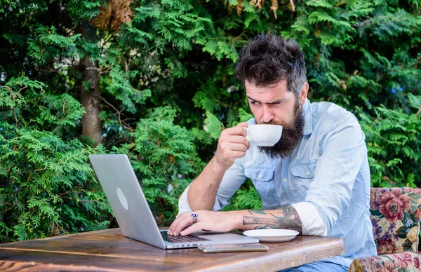 Man bearded hipster sit outdoors with laptop surfing internet and drinking coffee. Book apartment online. Guy looking for apartment. Find apartment for holidays or vacation. Planning vacation — Stock Photo, Image