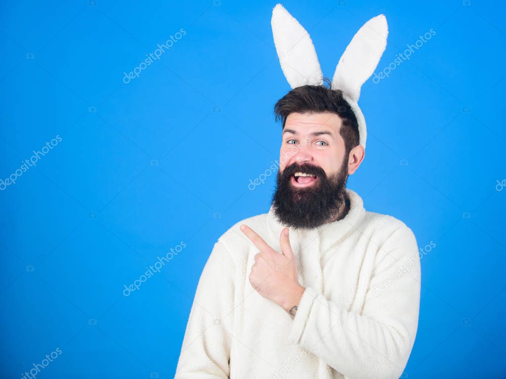 Presenting your product. Easter hare pointing finger aside. Bearded man in rabbit costume. Hipster wearing long rabbit ears for Easter party. Easter bunny is spring symbol of fertility, copy space