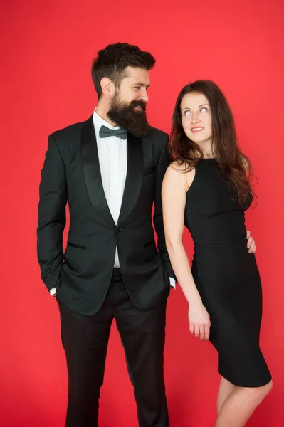 Bearded gentleman wear tuxedo girl elegant dress. Formal dress code. Visiting event or ceremony. Couple ready for award ceremony. Main rules picking clothes. Corporate party. Award ceremony concept