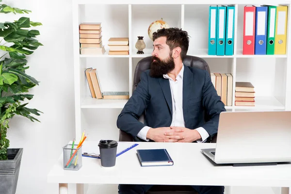 Office staff concept. Businessman in charge of business solutions. Developing business strategy. Risky business. Man bearded boss sit with laptop. Manager solving business problems. Office routine