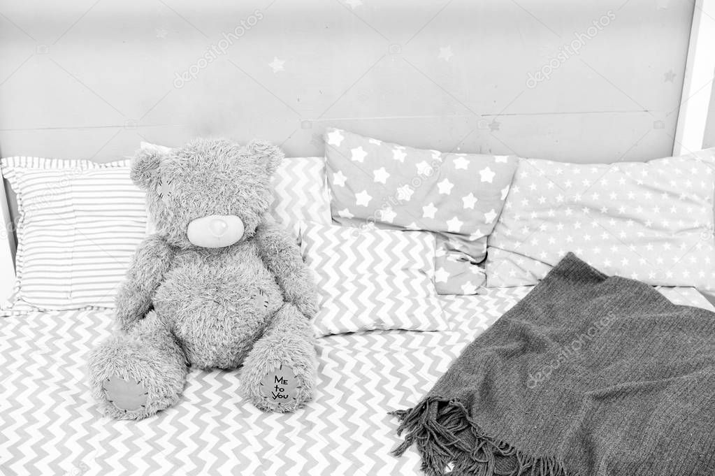 Modern child room interior with comfortable bed. bear toy on bed. girls bedroom. Children bedroom interior. Inside bedroom for little children. pajama party. sweet dreams. good night. good morning