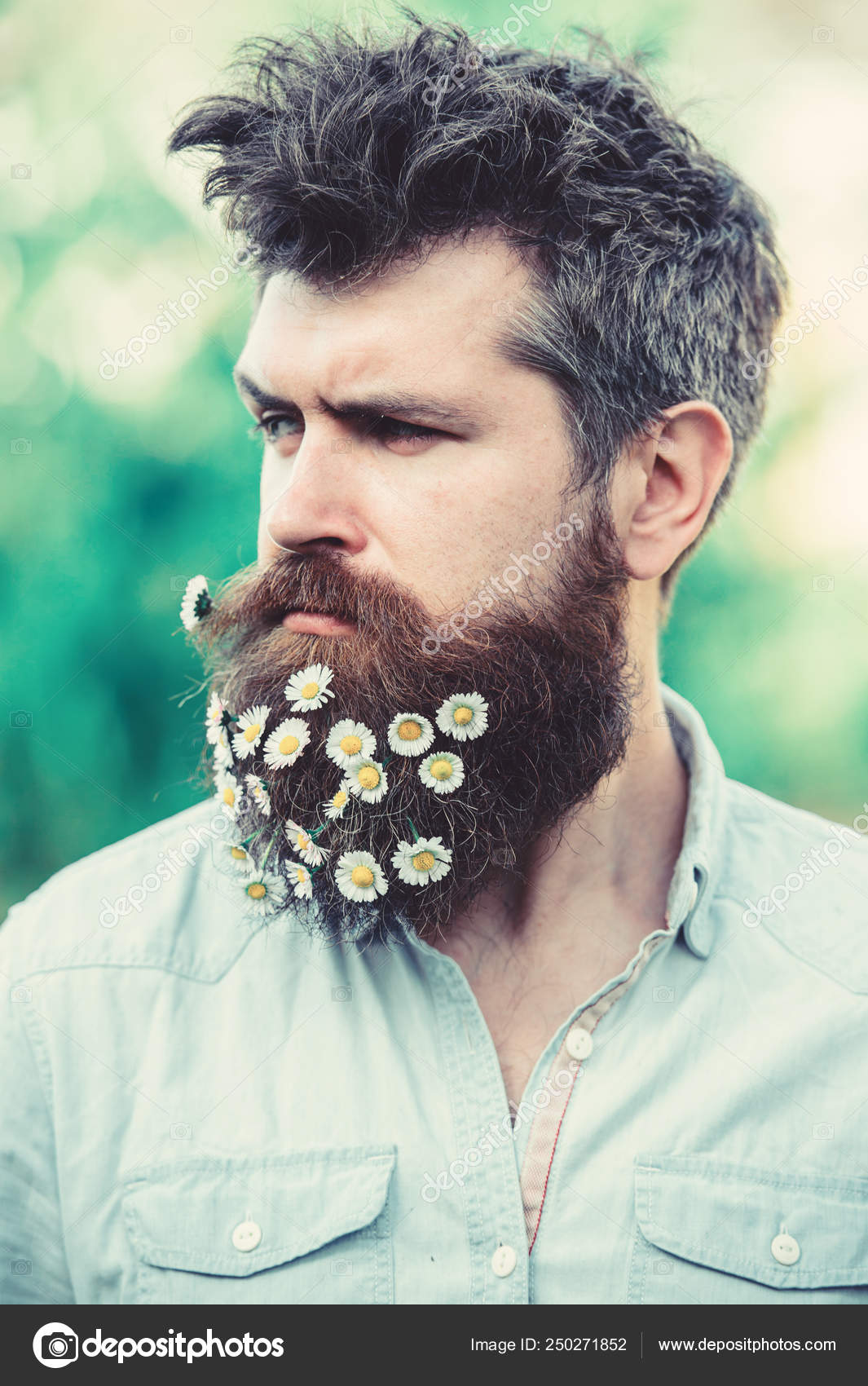 Hipster en cara estricta, fondo de árboles verdes, desenfocado. Hombre con  barba y bigote en primavera al aire libre. Tipo con flores de margarita o  manzanilla en barba. Concepto de frescura primavera —, image size:1065x1700
