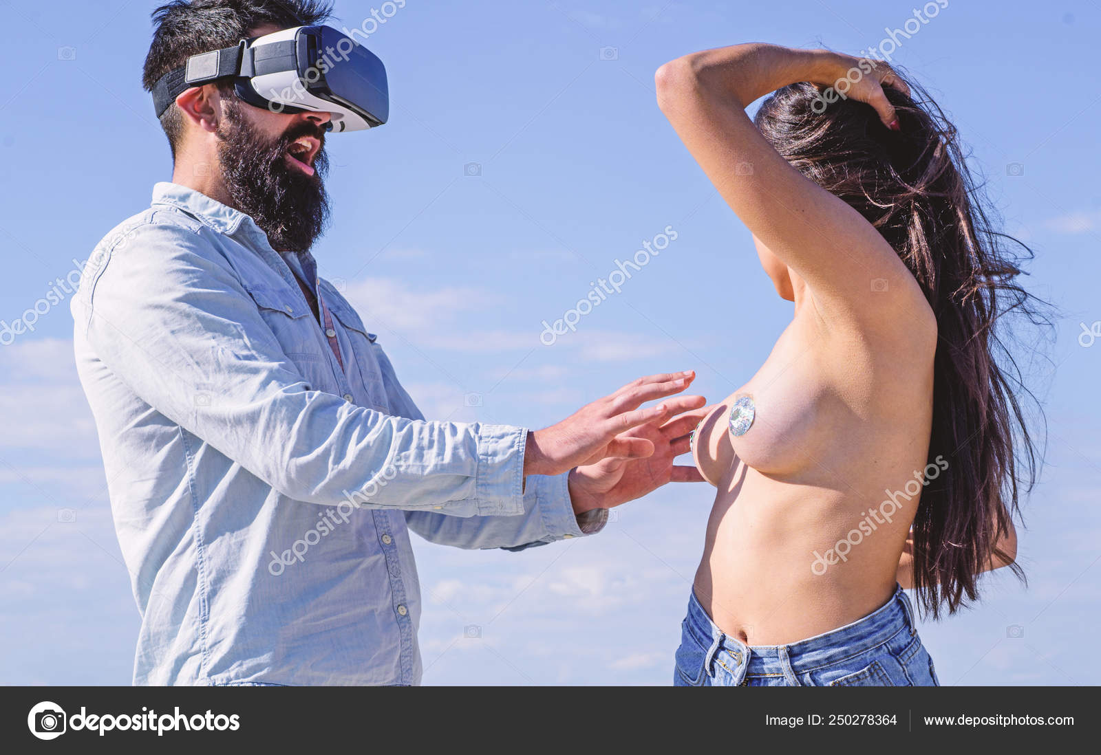 Intimate sensation concept. Play virtual sex game. Man touch sexy naked erotic breasts virtual girl. Hipster man play virtual sex game hmd or vr glasses image picture