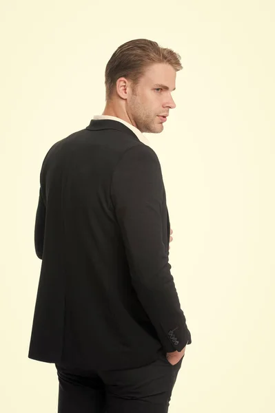 His style classic. Man well groomed in formal outfit rear view isolated white. Business dress code means for men suit. Business dress code. Businessman gentleman dressed classic professional attire — Stock Photo, Image