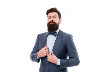 İşadamı modaya uygun kıyafet beyaz izole. Adam sakallı hippi giyim Klasik takım elbise. Resmi kıyafeti. Takım çok iyi bak. Şıklığı ve erkek tarzı. Moda kavramı. Erkek giyim moda