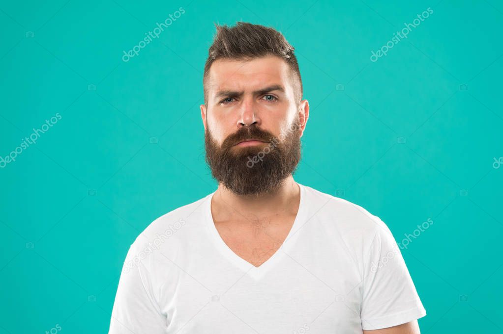 Barber salon. Beard fashion and barber concept. Man bearded hipster stylish beard turquoise background. Barber tips maintain beard. Stylish beard and mustache care. Hipster appearance. Male beauty
