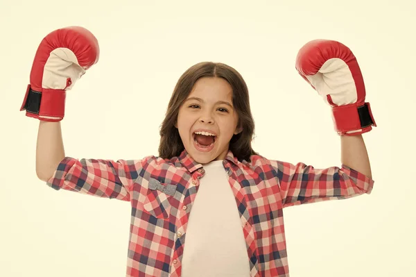 Winner boxing competition. Girl boxing gloves feels powerful. Happy boxer winner boxing championship isolated white. Girls power concept. Boxing gloves symbol strength and power. Let her feel victory