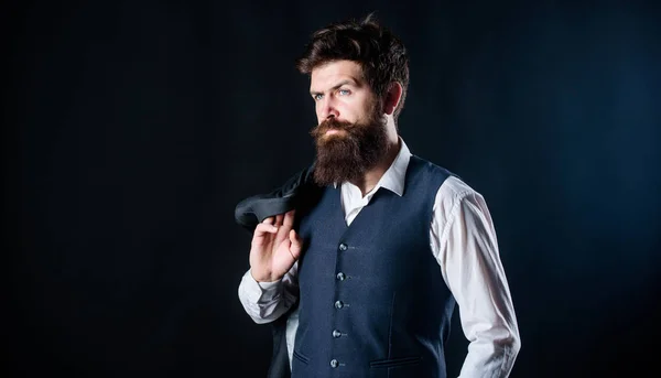 Man bearded hipster wear formal suit with shirt vest and jacket. Elegant custom outfit fashion. Tailoring and clothes design. Custom made to measure. Designing made to measure suit. Custom made suit — Stock Photo, Image
