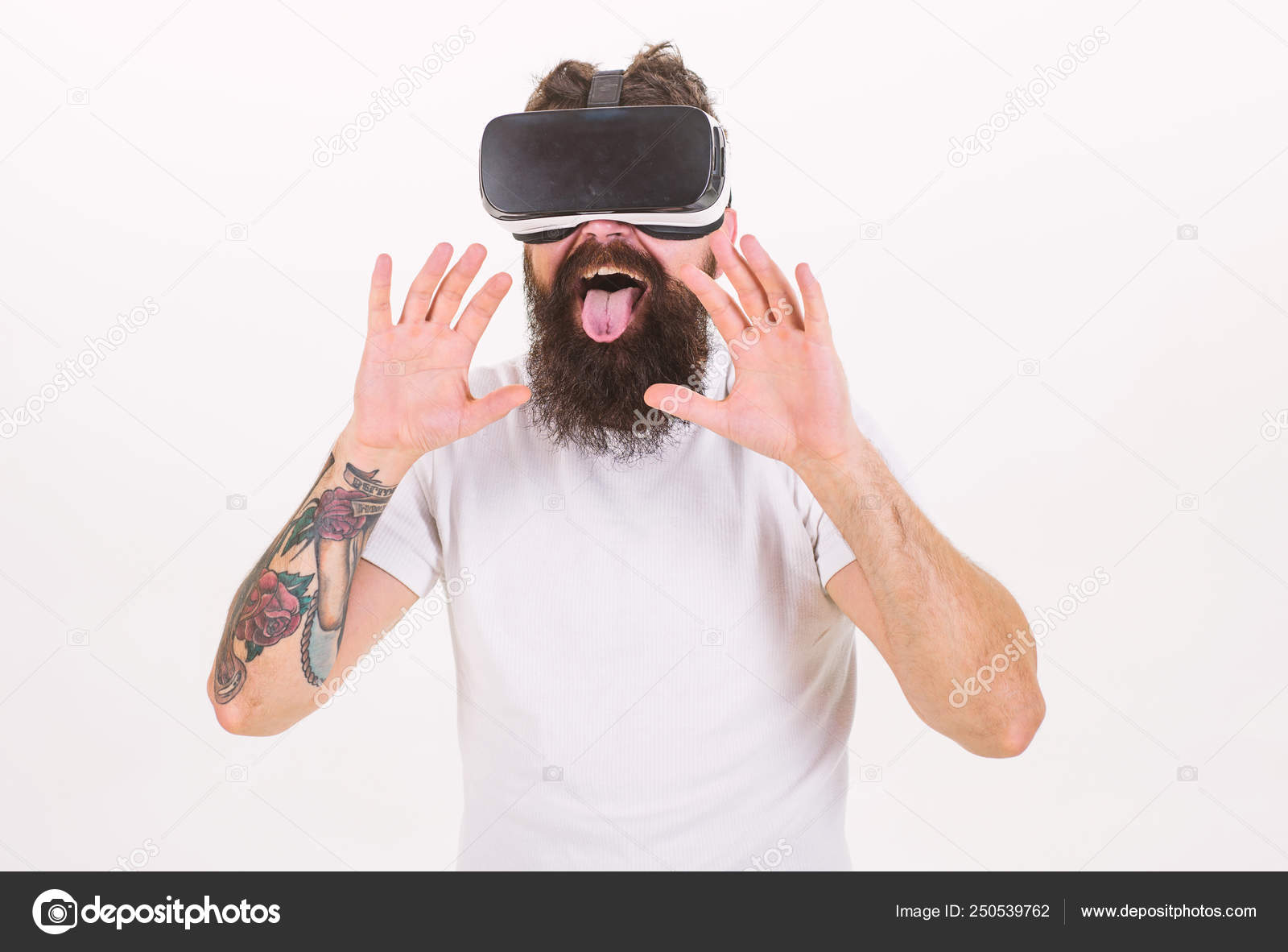 Mann Mit Bart Und Brille Weißer Hintergrund Virtuelles Sex Konzept Typ Mit Kopfmontiertem