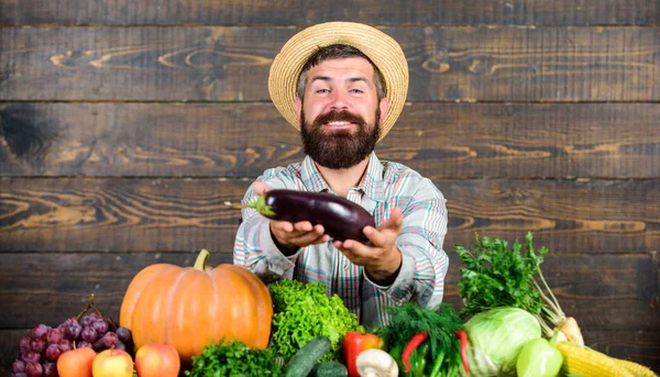 Grow organic crops. Organic fertilizers make soil and plants healthy and strong. Organic pest control. Man with beard wooden background. Farmer with organic vegetables. Excellent quality harvest