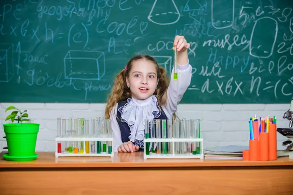 Okul ders. Bilgi edinmek için ilginç bir yaklaşım. Kız sevimli okul öğrenci test tüpleri ve renkli sıvılar ile oynamak. Okul kimyasal deney. Okul eğitimi. Gelecekteki bir bilim adamı. Keşfetmek ve araştırmak — Stok fotoğraf