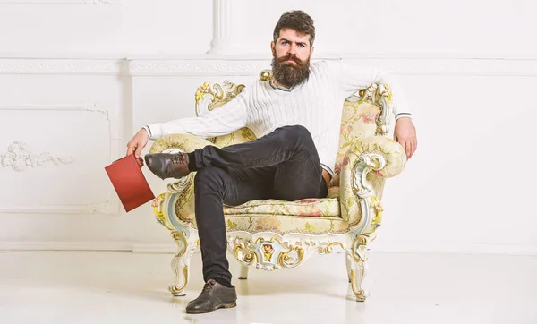 Hombre con barba y bigote se sienta en el sillón y la lectura, fondo blanco de la pared. Conocedor, el profesor disfruta de la literatura. Conocedor del concepto de literatura. Macho pasa el ocio con el libro — Foto de Stock