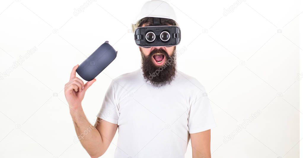 Funny man experiencing 3D gadget technology - close up. A person in virtual glasses flies in room space. Simulation reality and new gaming technology.