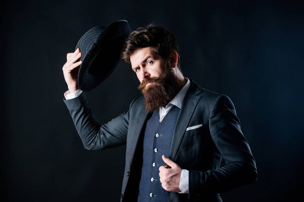 welcome on board. Businessman in suit. Secret shy. Male formal fashion. Detective in hat. Mature hipster with beard. Bearded man gentleman. brutal caucasian hipster with moustache