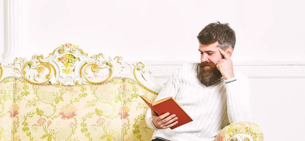 Férfi szakáll és bajusz ül a barokk stílusú kanapé, tartja a könyvet, fehér háttér. Macho-a mosolygó arc szenvedélyes olvasó könyv. Olvasó koncepció. Élvezet régi könyvet olvasott srác — Stock Fotó