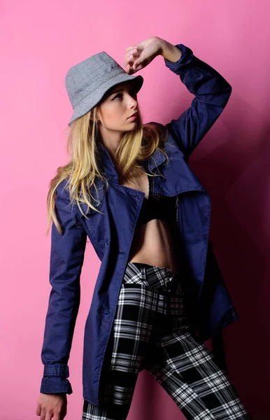 Woman mysterious face wear hat. Confident and fashionable. Modern style. Girl with make up wear wide brimmed hat. Fashion girl concept. Fashion and style. Blonde fashion model on pink background