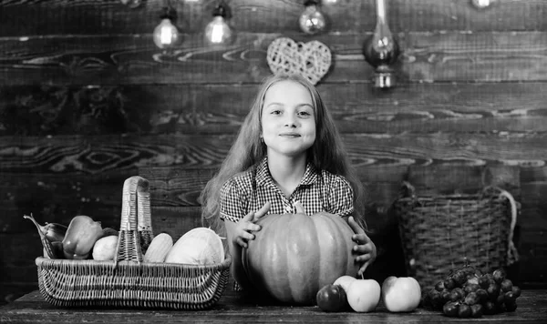 Dziecko dziewczynka w pobliżu kosz pełen świeżych warzyw zbiorów stylu rustykalnym. Dziecko dziewczynka prezentuje zbiór jej ogród warzywny na podłoże drewniane. Żniwa upadku rynku gospodarstwo. Koncepcja Dożynki — Zdjęcie stockowe