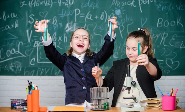 Experiência escolar. Escola para crianças talentosas. Uniforme escolar meninas animado provando sua hipótese. Investigação do projecto escolar. Estudantes de Ginásio com estudo aprofundado de ciências naturais — Fotografia de Stock