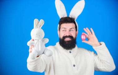 Bahar sembolleri. Hippi uzun tavşan kulaklı tavşan döşeme yumurta tutarak. Bahar kutlama tatil zamanı. Bunny oyuncak ve Paskalya yortusu yumurta sakallı adam. Paskalya tavşanı teslim renkli yumurta
