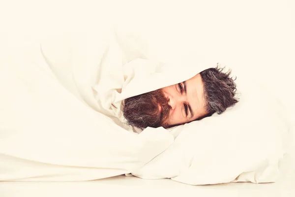 Guy with beard hides under blanket. Weekend leisure concept.