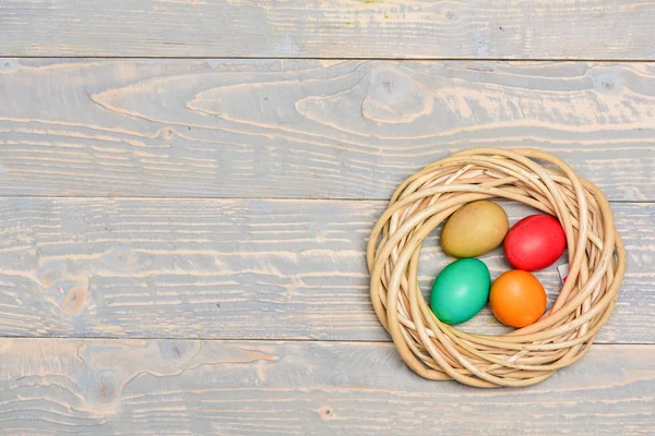 copy space. Healthy and happy holiday. painted eggs in nest. Egg hunt. Happy easter. Spring holiday. Holiday celebration, preparation. Perfect spring day