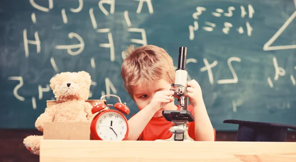 子供男の子は背景に顕微鏡教室、黒板に見えます。時計とテディベア近く忙しい顔の子。小学校のコンセプトです。最初元の勉強、学習、教育に興味があります。 — ストック写真